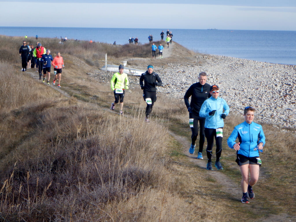 En sprædt række af løbere på et spor langs stranden. Blå himmel og et blåt hav i baggrunden.