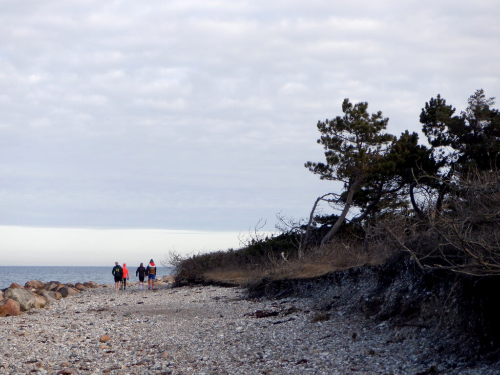Fire løbere går på en stenet strand